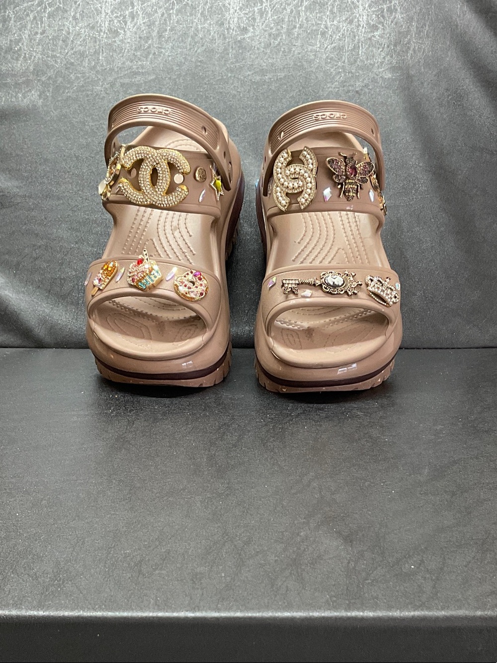 CROCS Platform Slide Sandals in Rose Beige with Decorative Charms